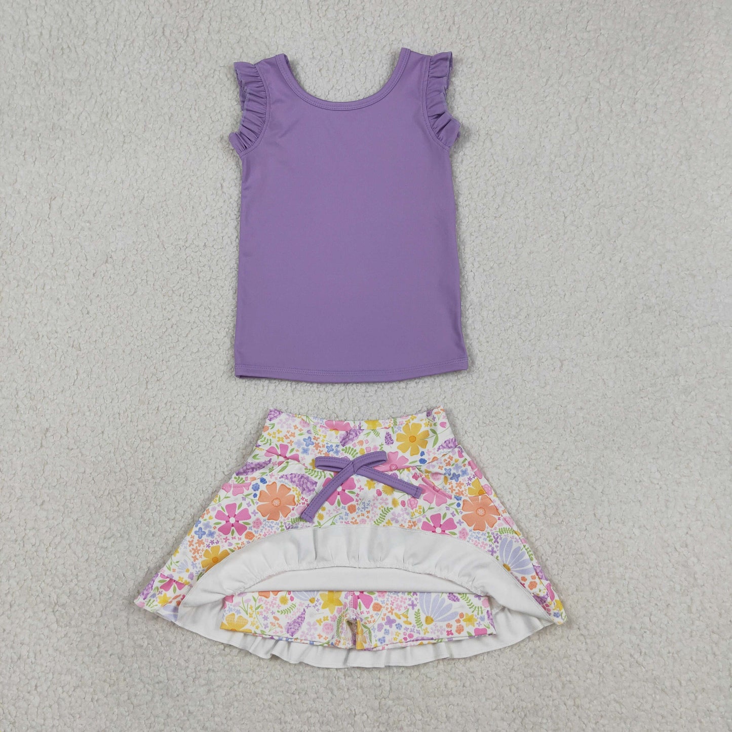 RTS NO MOQ GSD3771 Little Girls Purple Sleeveless Vest Floral Pocket Yoga Set
