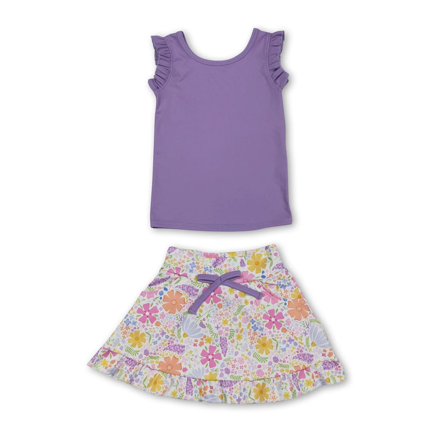 RTS NO MOQ Sibling yoga fabric Baby Girls Cute Sleeveless Vest Colorful Floral Print Pocket Skirt Two Piece Yoga Active Set