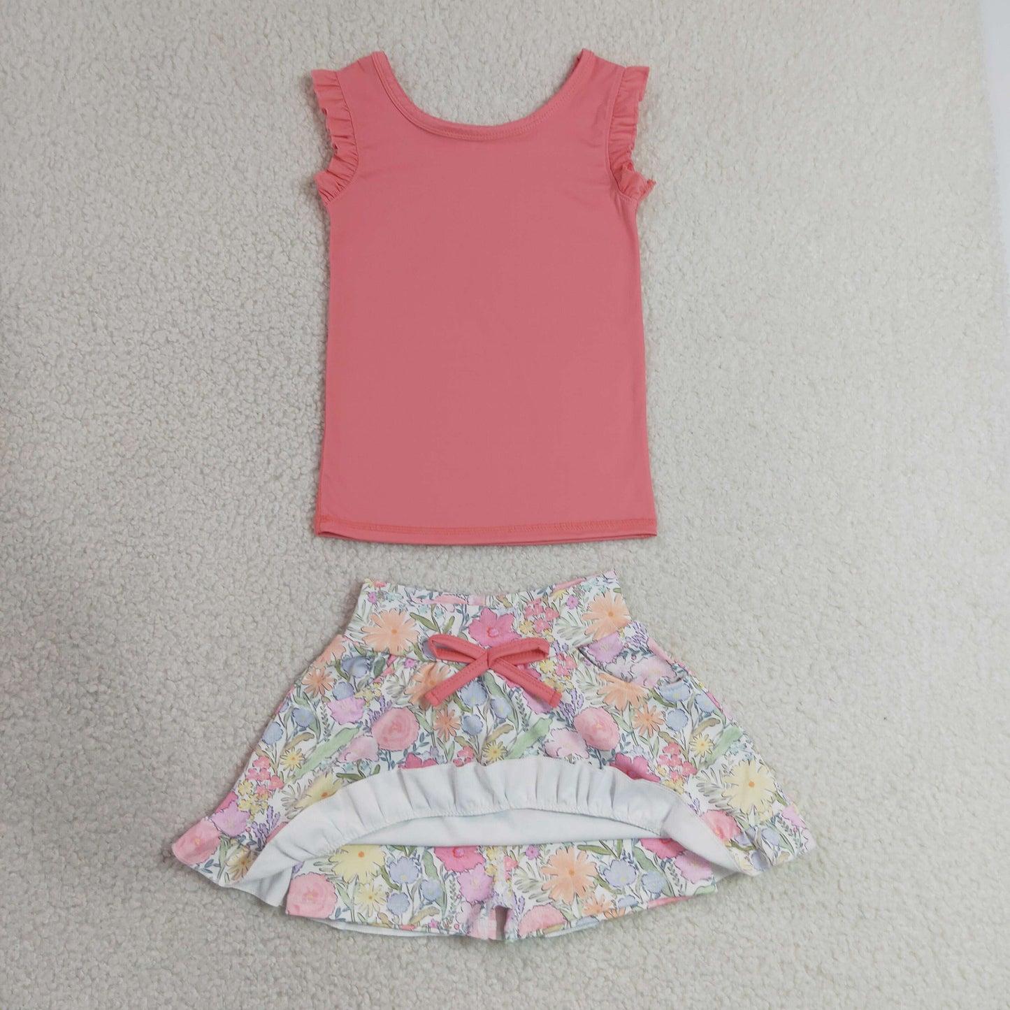 RTS NO MOQ yoga fabric GSD3772 Baby Girls Peach Sleeveless Vest Colorful Floral Pocket Skort Two Piece Yoga Active Clothes Set