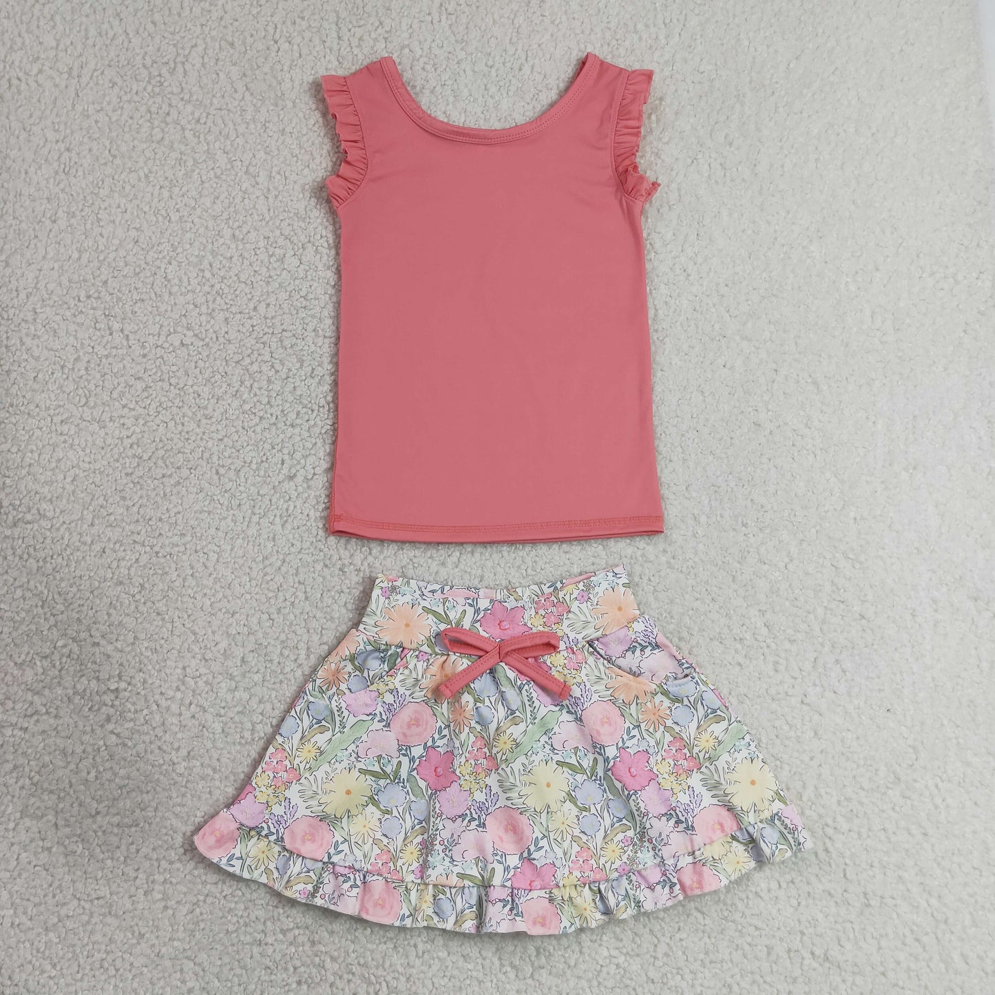 RTS NO MOQ yoga fabric GSD3772 Baby Girls Peach Sleeveless Vest Colorful Floral Pocket Skort Two Piece Yoga Active Clothes Set