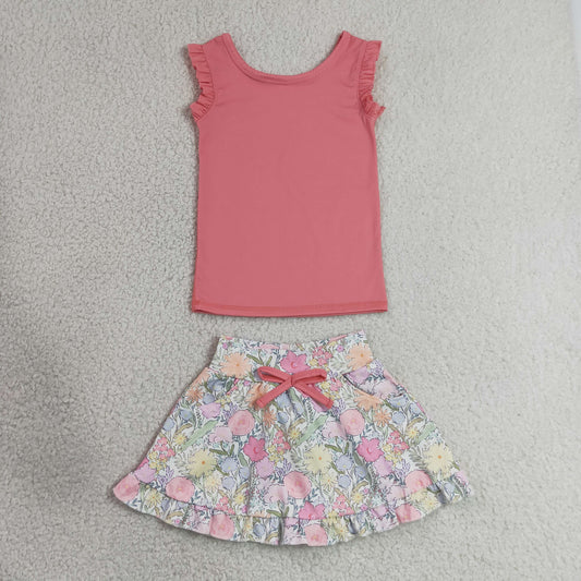 RTS NO MOQ yoga fabric GSD3772 Baby Girls Peach Sleeveless Vest Colorful Floral Pocket Skort Two Piece Yoga Active Clothes Set