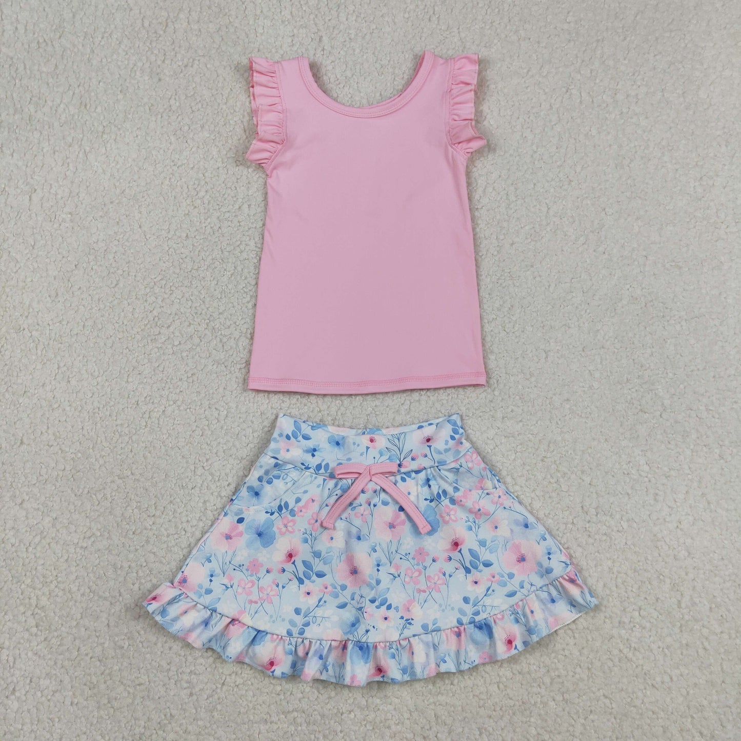 RTS NO MOQ yoga fabric GSD3773 Baby Girls Cute Pink Vest Colorful Floral Pockets Clothes Set