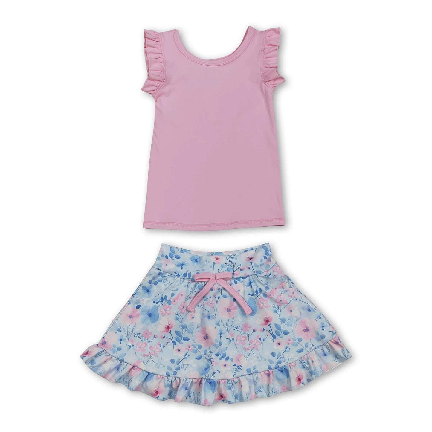RTS NO MOQ Sibling yoga fabric Baby Girls Cute Sleeveless Vest Colorful Floral Print Pocket Skirt Two Piece Yoga Active Set