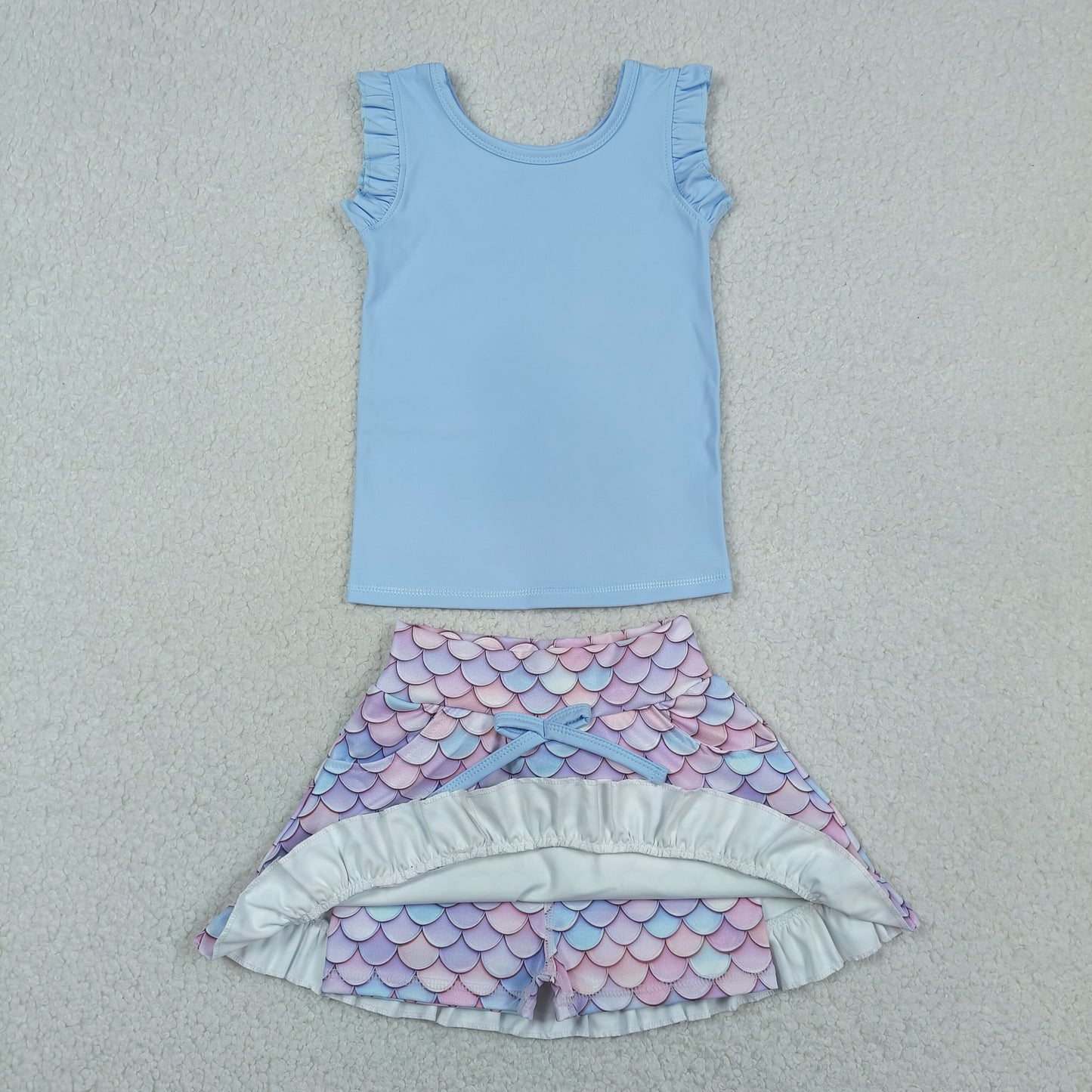 RTS NO MOQ GSD3775 Little Girls Yoga Active Blue Vest Pattern Pocket Short Skirt Daily Set