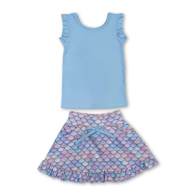 RTS NO MOQ Sibling yoga fabric Baby Girls Cute Sleeveless Vest Colorful Floral Print Pocket Skirt Two Piece Yoga Active Set