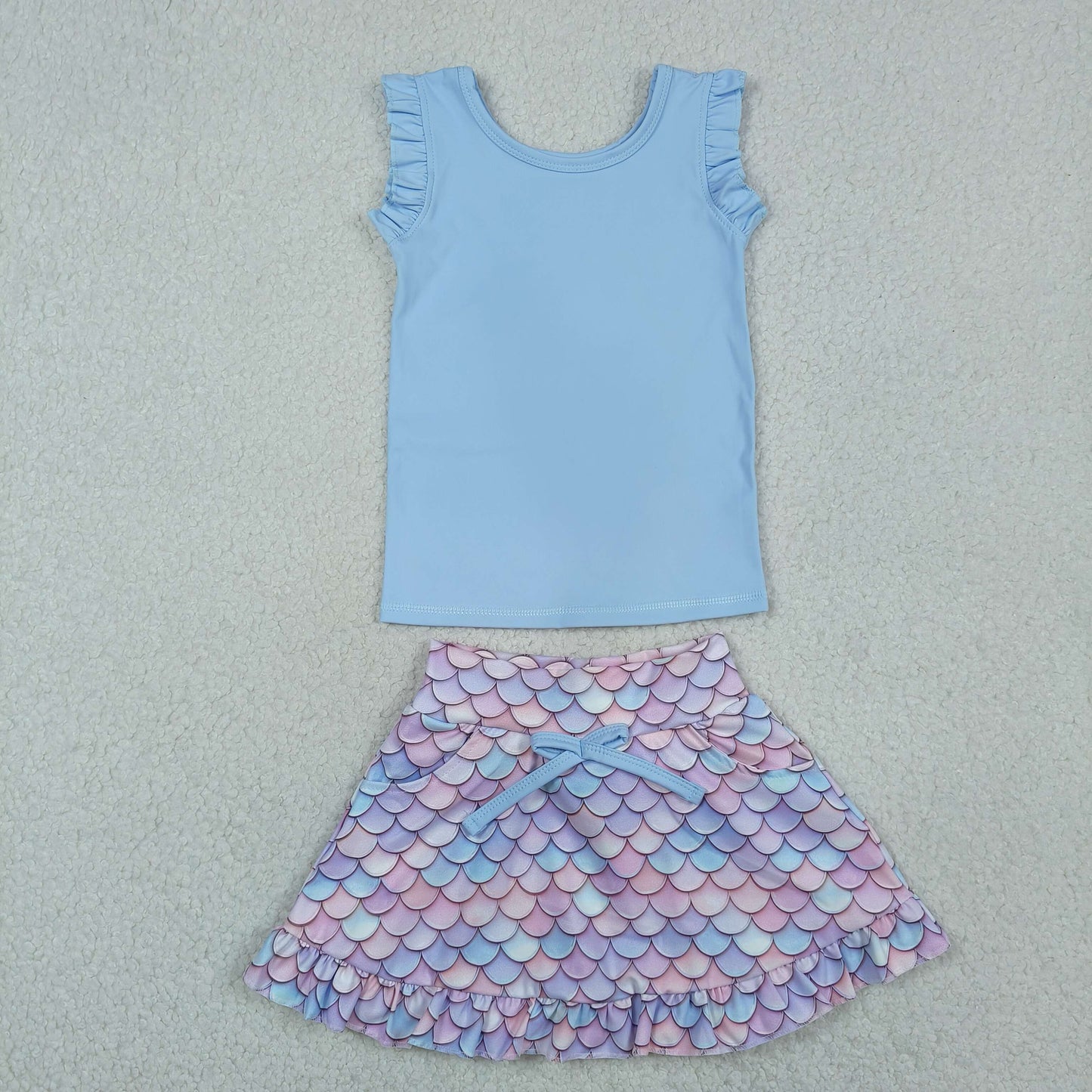 RTS NO MOQ GSD3775 Little Girls Yoga Active Blue Vest Pattern Pocket Short Skirt Daily Set