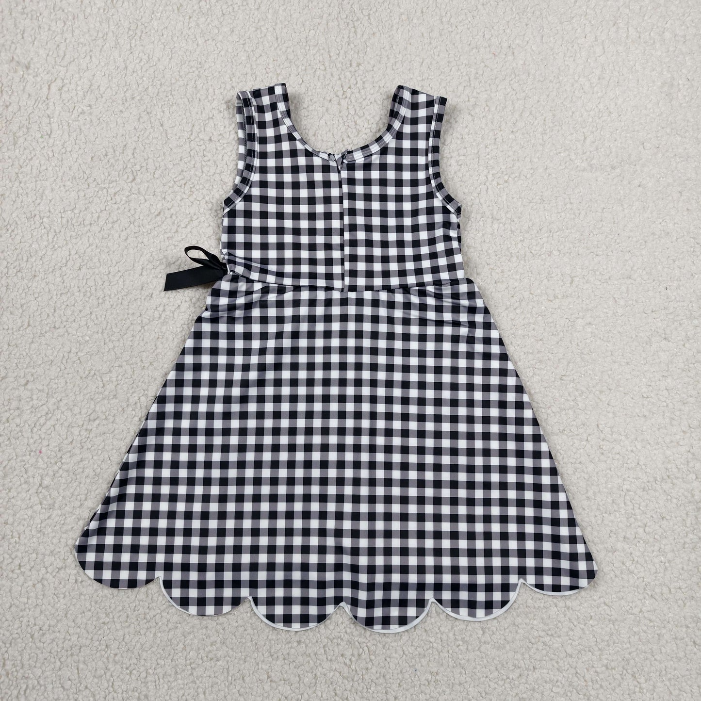 RTS NO MOQ yoga fabric GSD3777 Baby Girls Black Checked Sleeveless Yoga Active Scallop Knee Length Dresses