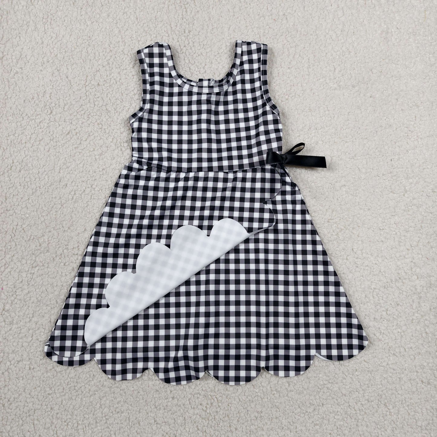 RTS NO MOQ yoga fabric GSD3777 Baby Girls Black Checked Sleeveless Yoga Active Scallop Knee Length Dresses