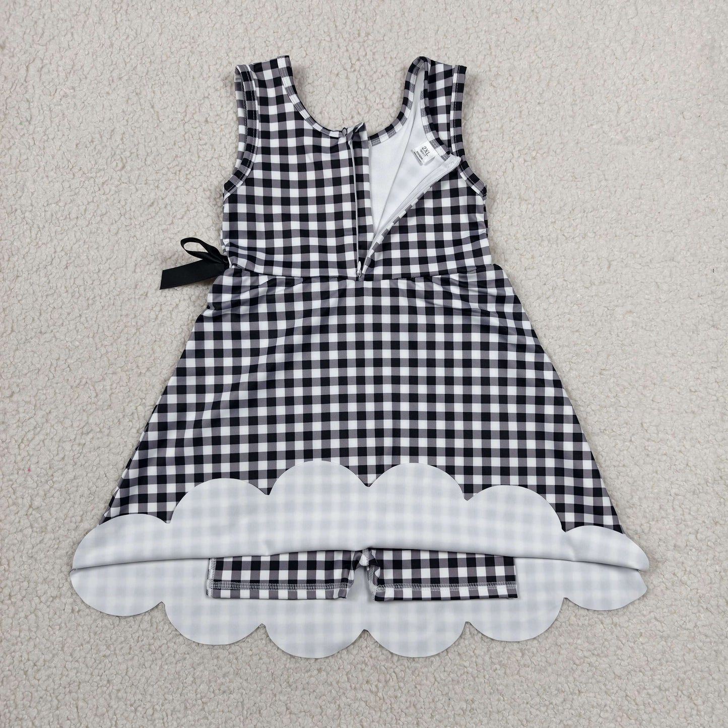 RTS NO MOQ yoga fabric GSD3777 Baby Girls Black Checked Sleeveless Yoga Active Scallop Knee Length Dresses