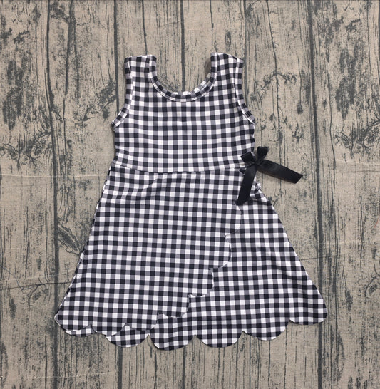 (Pre Order) No moq GSD3777 Yoga Baby Girls Cute Black Checked Sleeveless Yoga Active Scallop Knee Length Dresses