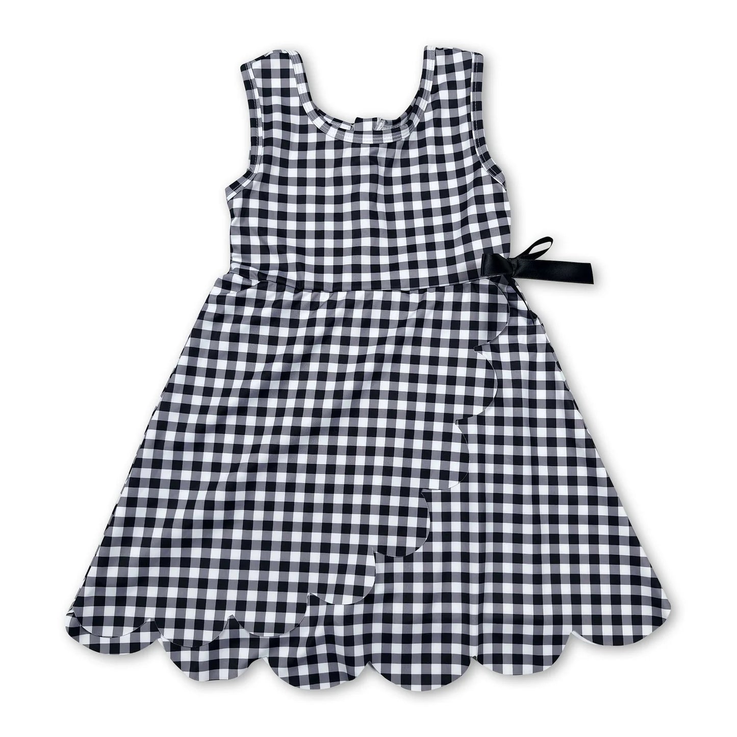 RTS NO MOQ Sibling milk silk Baby Girls Checked Scallop Shorts Knee Length Dress