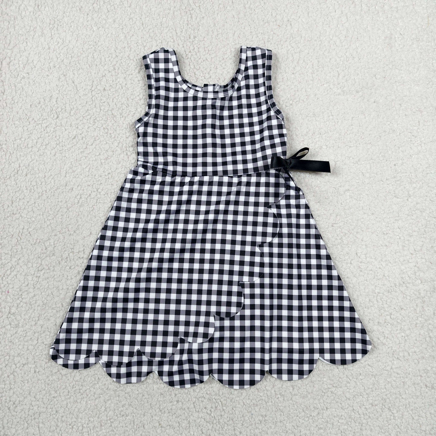 RTS NO MOQ yoga fabric GSD3777 Baby Girls Black Checked Sleeveless Yoga Active Scallop Knee Length Dresses