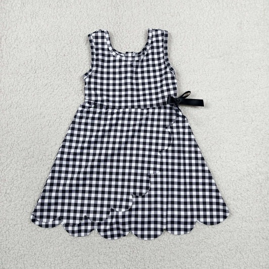 RTS NO MOQ yoga fabric GSD3777 Baby Girls Black Checked Sleeveless Yoga Active Scallop Knee Length Dresses