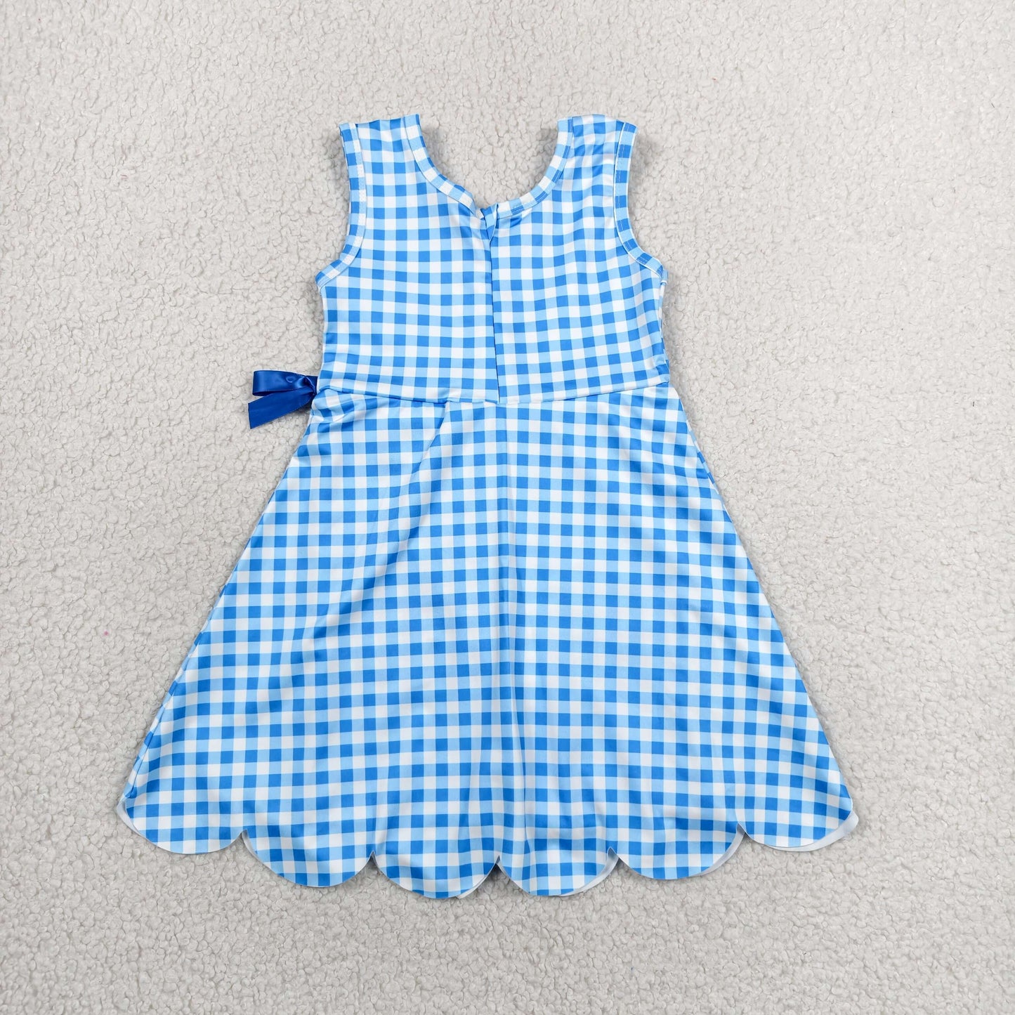 RTS NO MOQ yoga fabric GSD3778 Baby Girls Light Blue Check Sleeveless Sporty Scallop Dresses