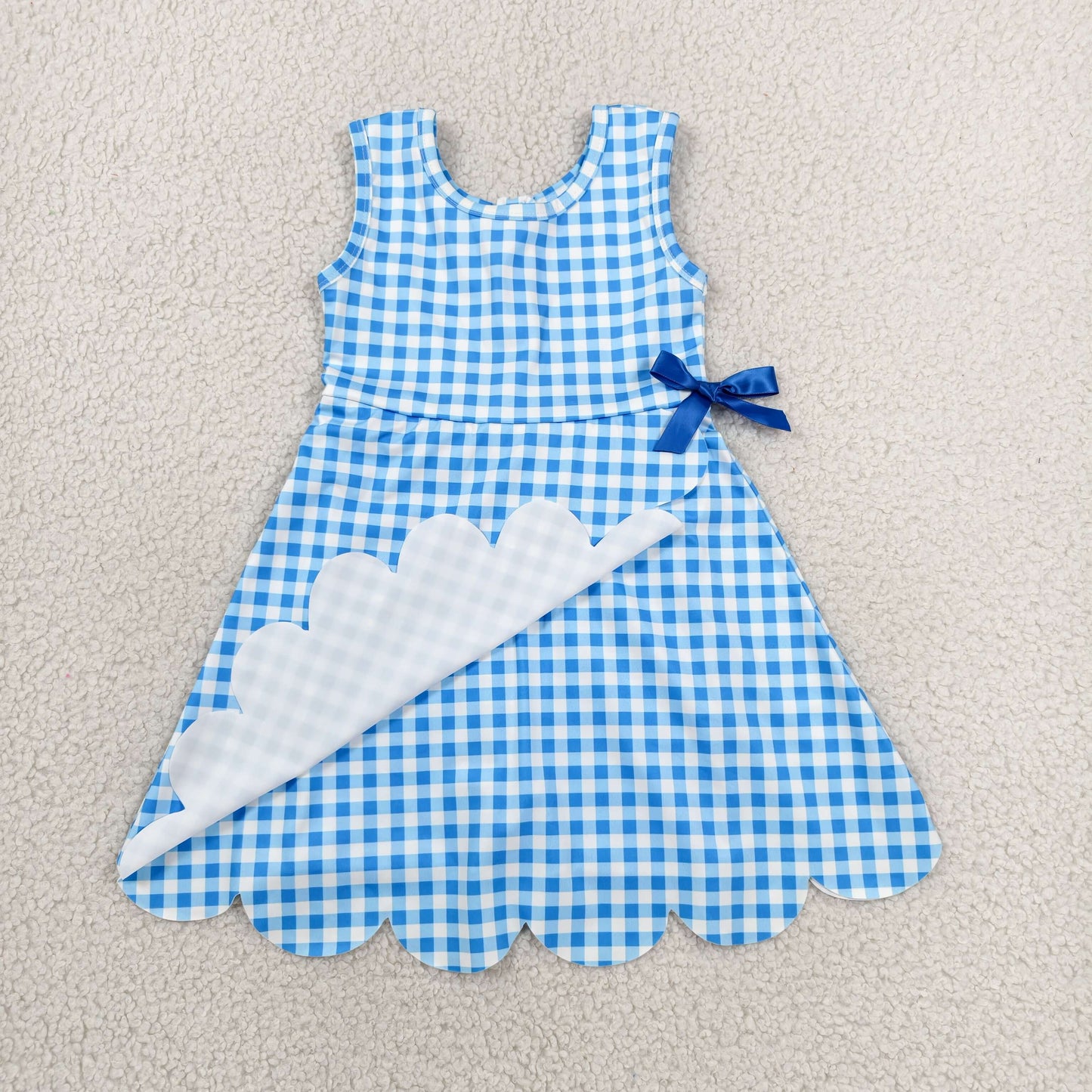 RTS NO MOQ yoga fabric GSD3778 Baby Girls Light Blue Check Sleeveless Sporty Scallop Dresses