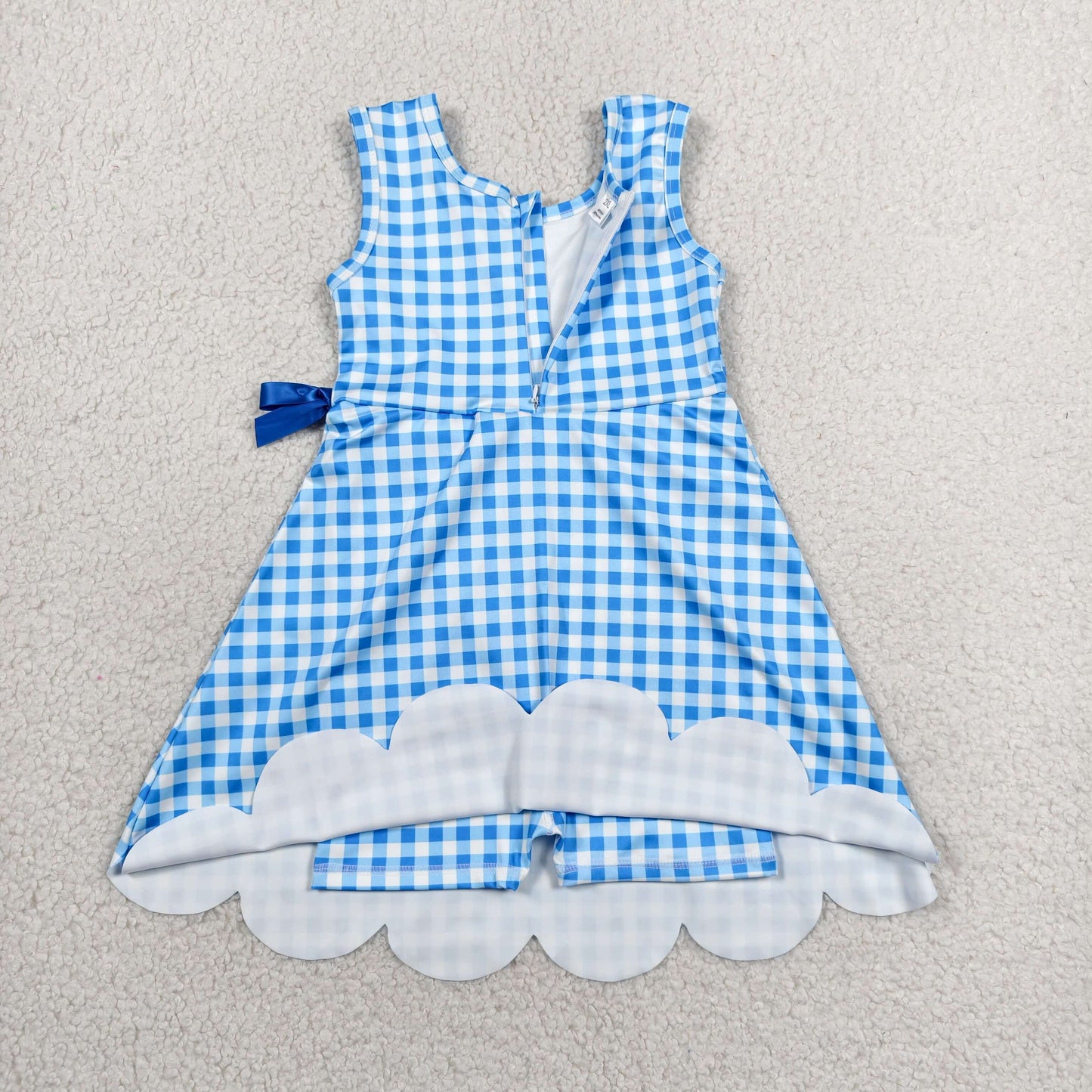 RTS NO MOQ yoga fabric GSD3778 Baby Girls Light Blue Check Sleeveless Sporty Scallop Dresses