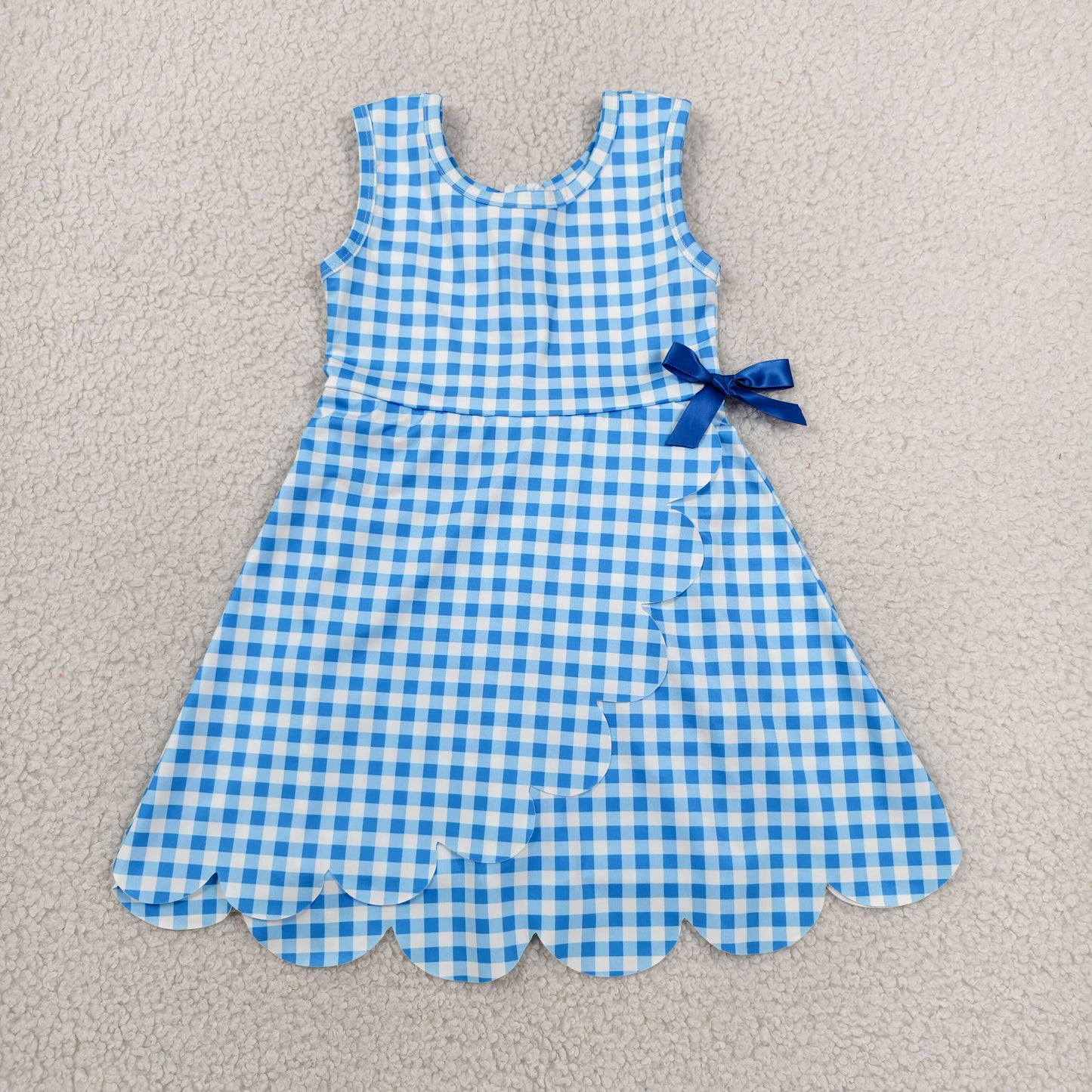 RTS NO MOQ yoga fabric GSD3778 Baby Girls Light Blue Check Sleeveless Sporty Scallop Dresses