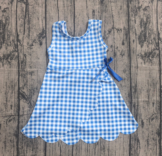 (Pre Order) No moq GSD3778 Yoga Baby Girls Summer Light Blue Check Sleeveless Sporty Scallop Kids Dresses