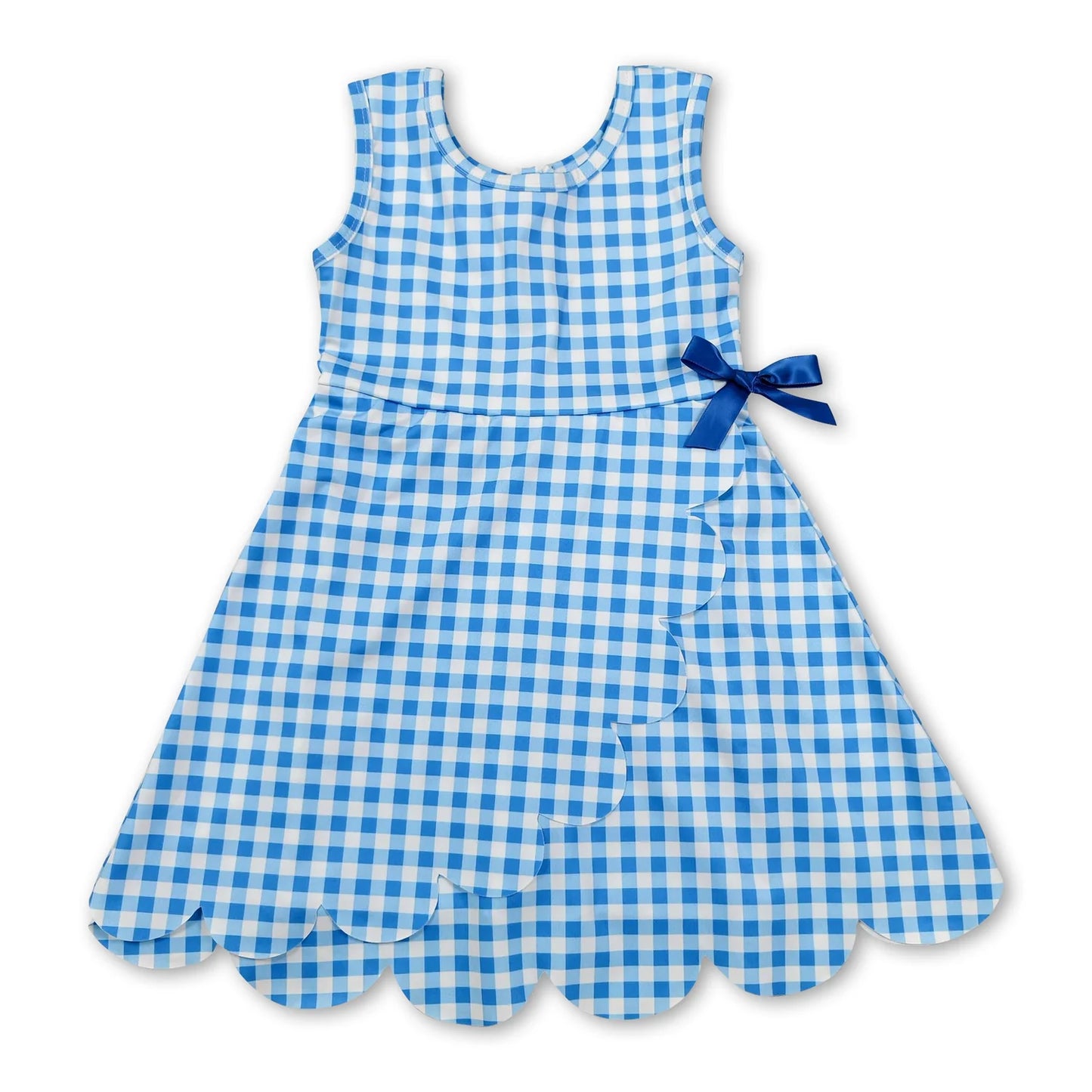 RTS NO MOQ Sibling milk silk Baby Girls Checked Scallop Shorts Knee Length Dress