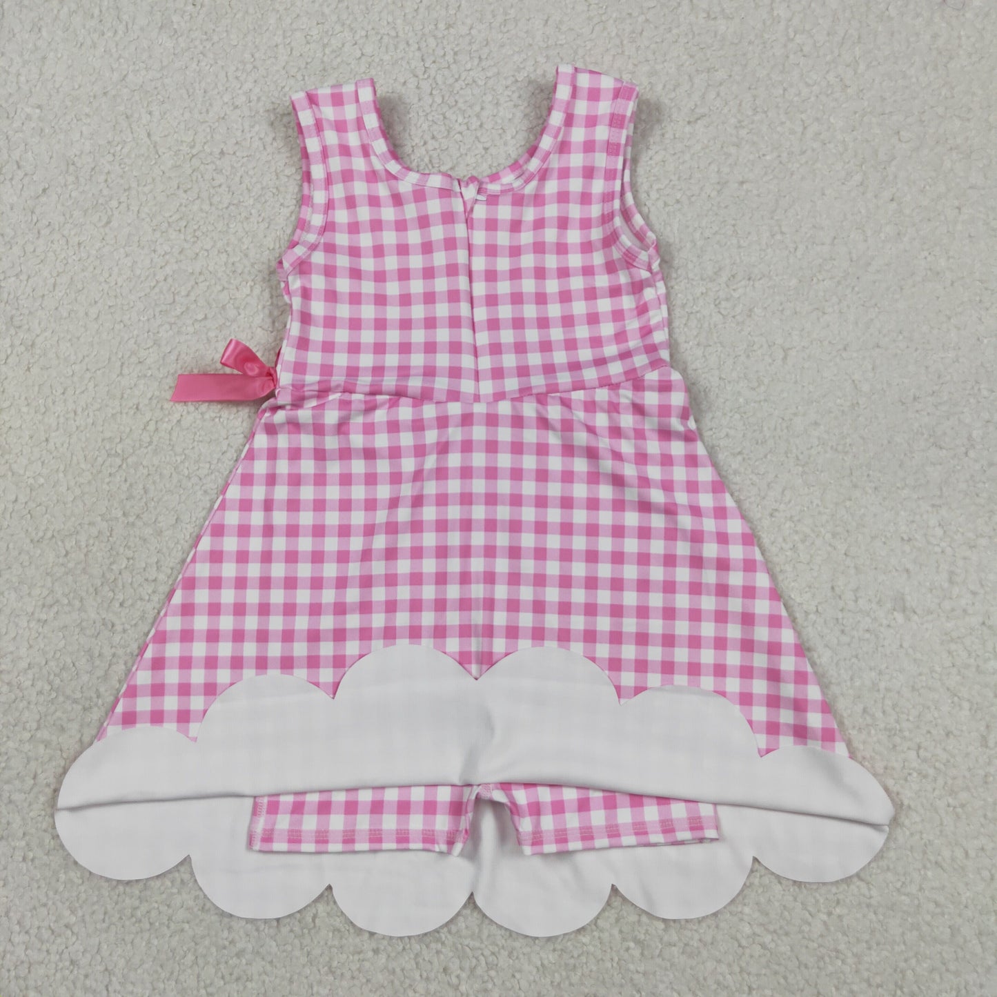 RTS NO MOQ yoga fabric GSD3779 Baby Girls Pink Checked Yoga Active Scallop Knee Length Dresses