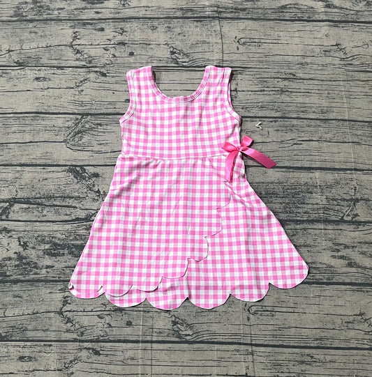 Best Sell Baby Girls Pink Checked Scallop Edge Sleeveless Knee Length Dress Preorder Active Yoga Shorts for Toddlers