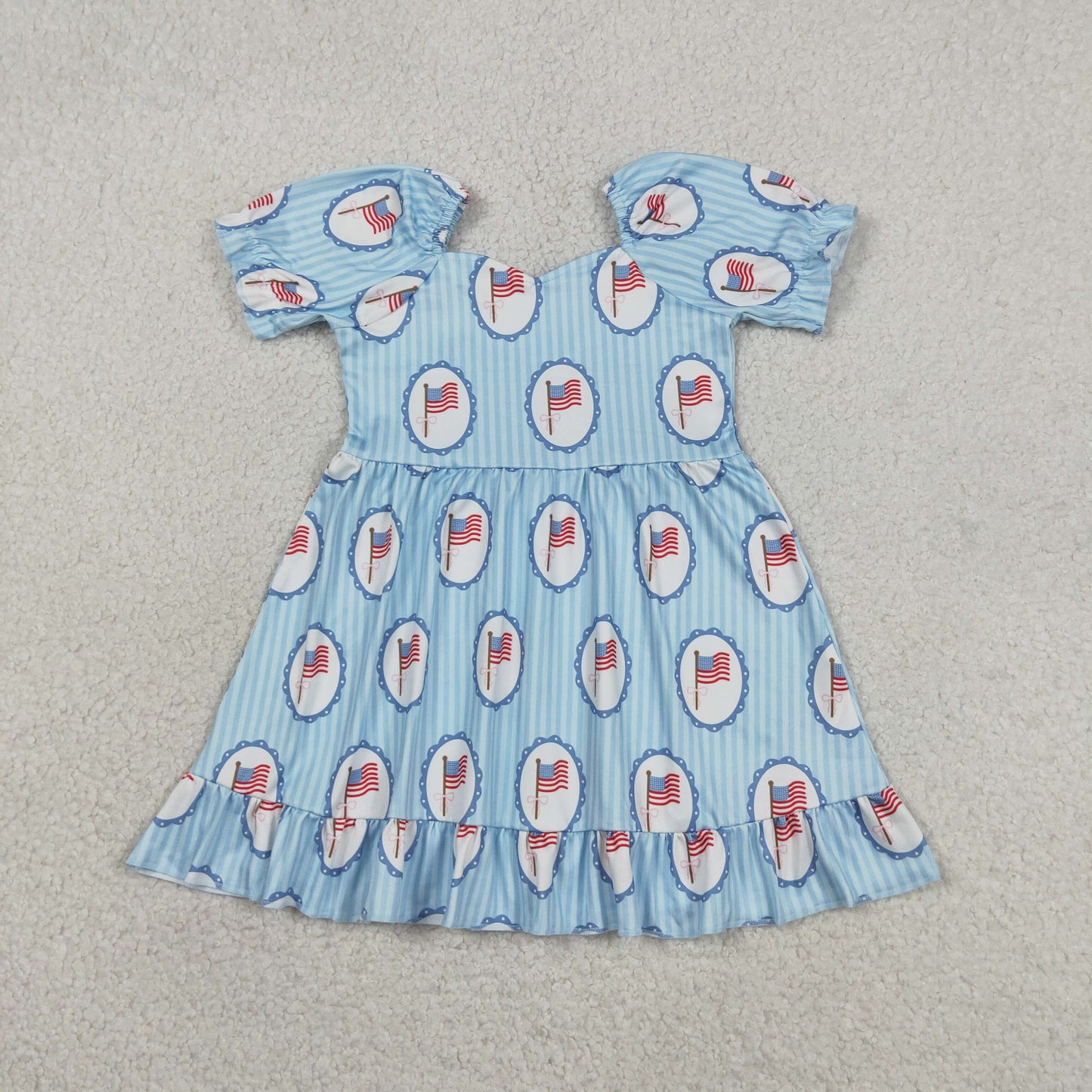 RTS NO MOQ milk silk GSD3792 Baby Girls Cute Blue Stripe Bow Flags 4th of July Knee Length Dresses