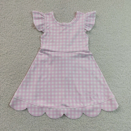 RTS NO MOQ yoga fabric GSD3796 Baby Girls Summer Pink Check Scallop Knee Length Dresses
