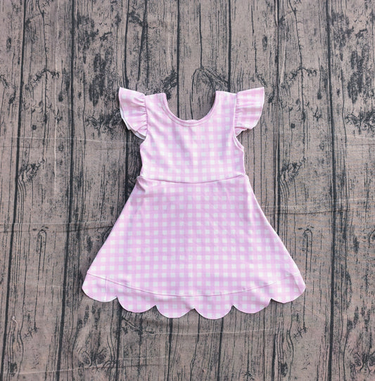 (Pre Order) No moq GSD3796 Yoga Baby Girls Summer Fresh Pink Check Scallop Knee Length Kids Dresses