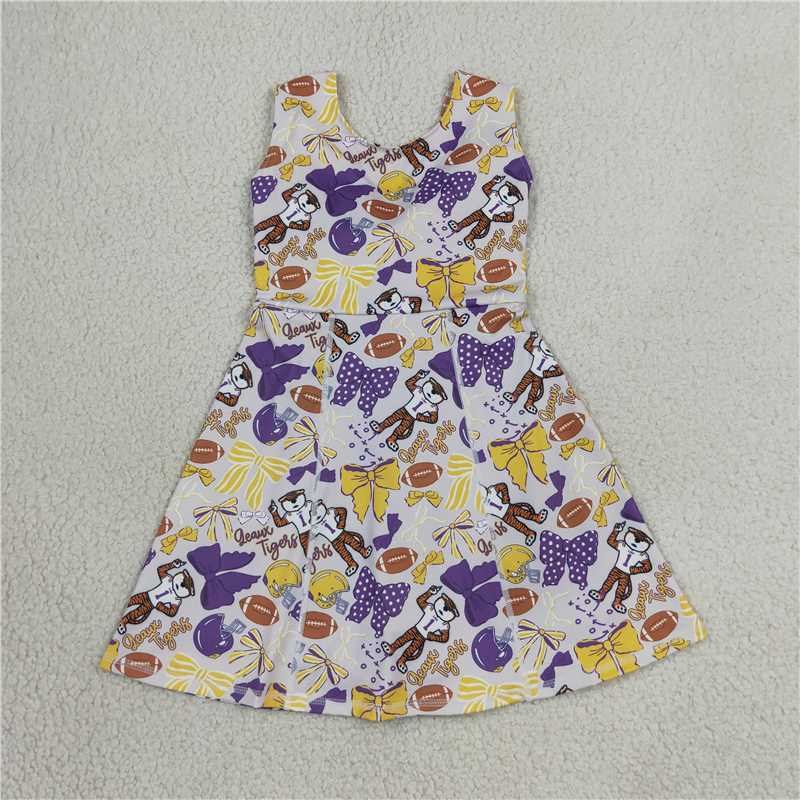 RTS NO MOQ Sibling yoga fabric Baby Girls Purple Sleeveless Shorts Team Yoga Active Knee Length Dresses