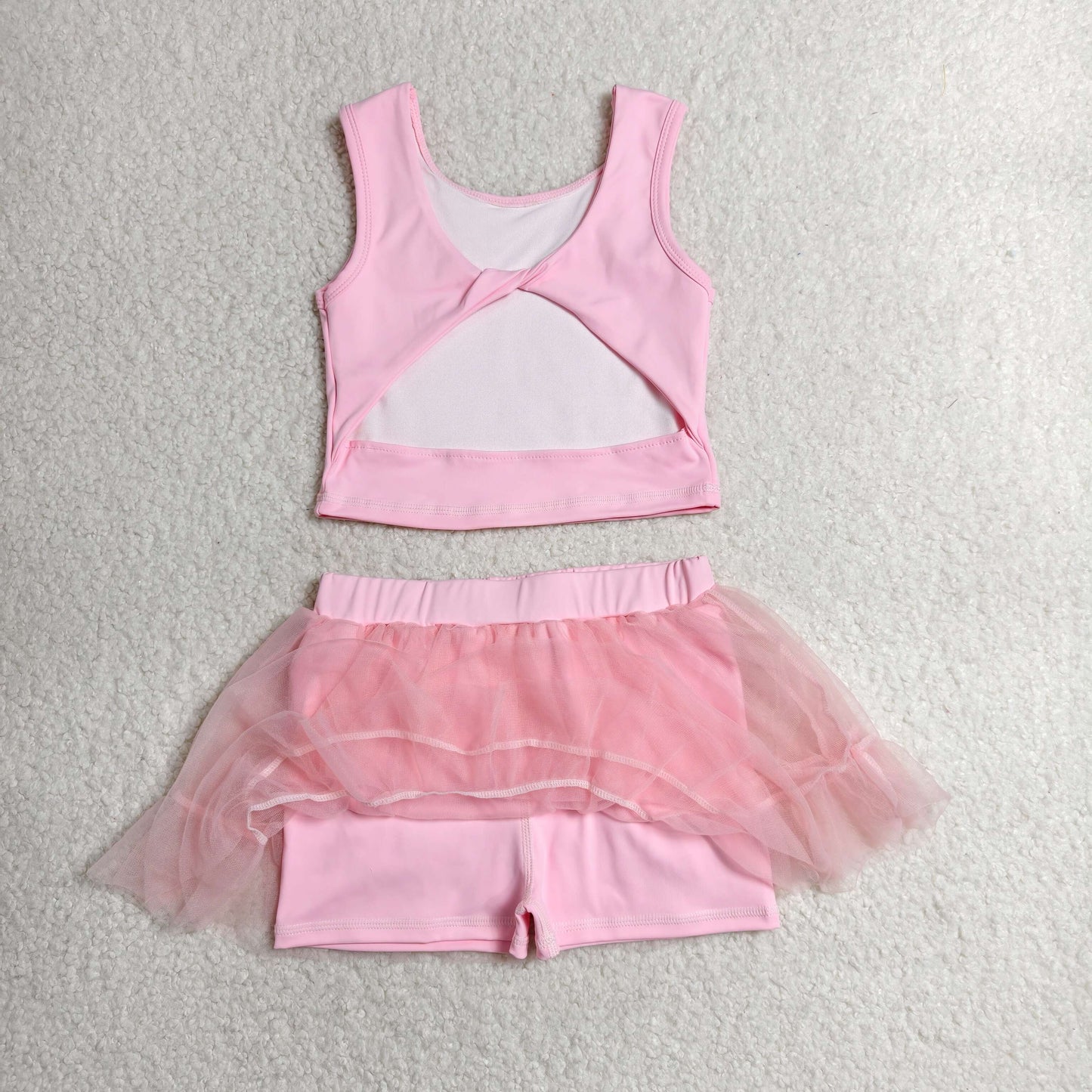 RTS NO MOQ yoga fabric cotton GSD3806 Baby Girls Pink Sleeveless Bow Vest Tassel Skirt Short  Yoga Active Clothes Set