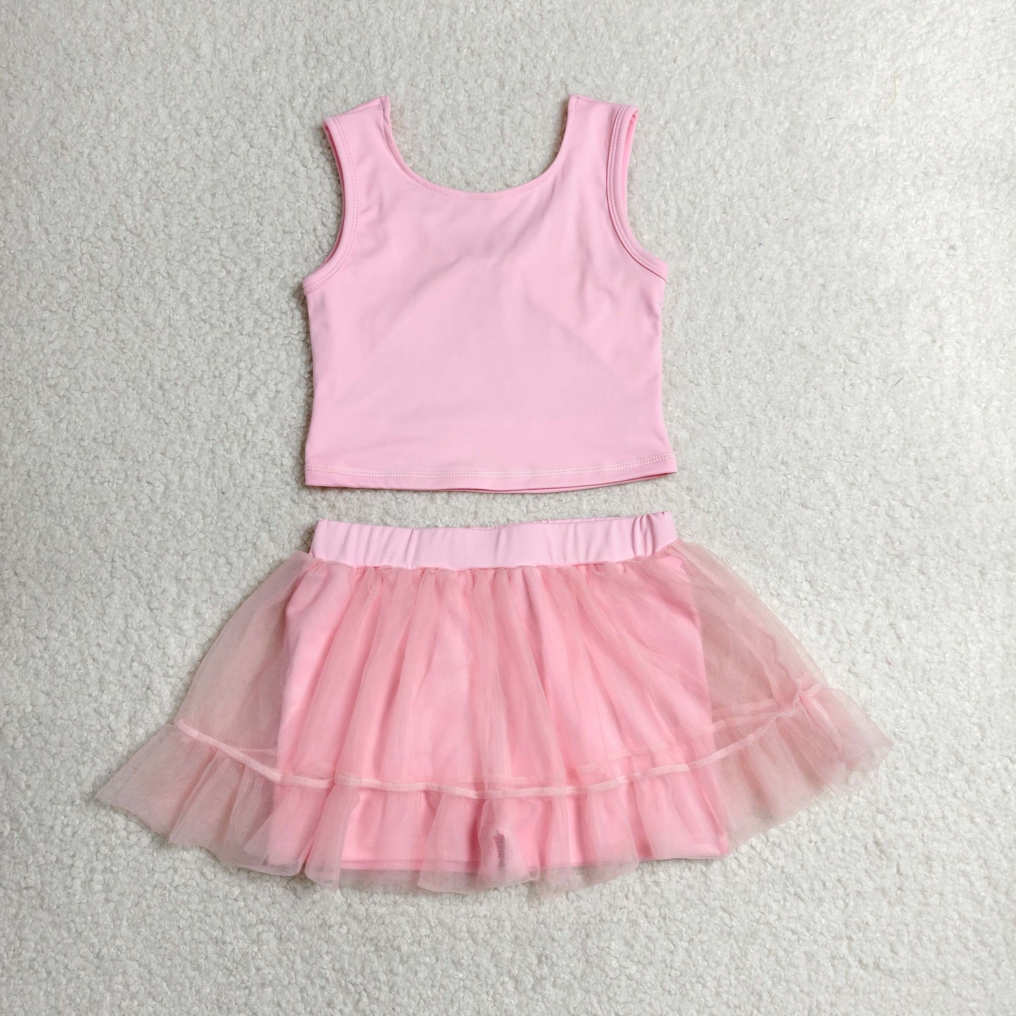 RTS NO MOQ yoga fabric cotton GSD3806 Baby Girls Pink Sleeveless Bow Vest Tassel Skirt Short  Yoga Active Clothes Set