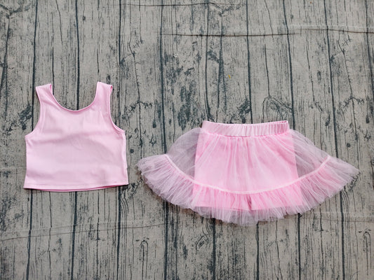 (Sample) No moq GSD3806 Yoga Baby Girls Pink Sleeveless Bow Vest Tassel Skirt Short  Yoga Active Clothes Set Toddler Girls Casual Outfit