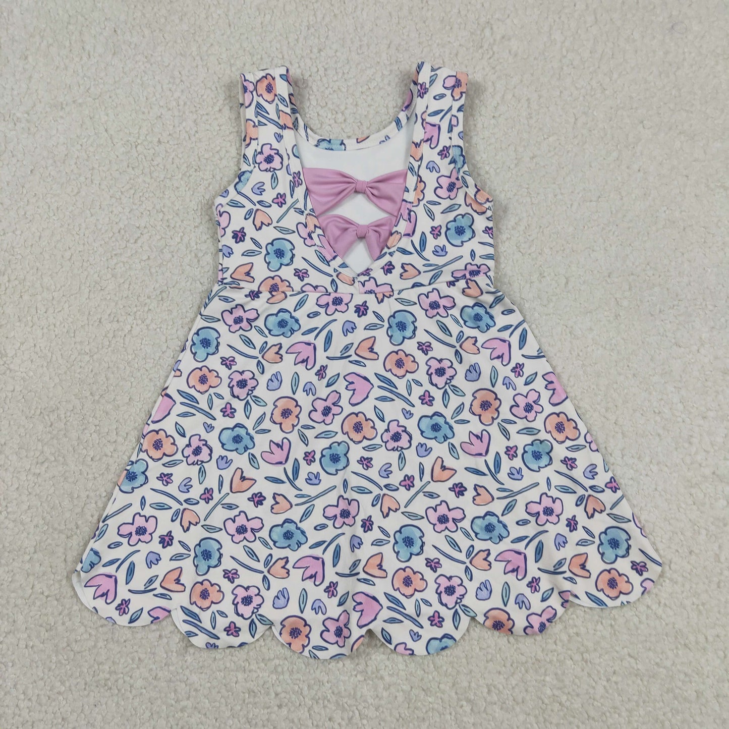 RTS NO MOQ yoga fabric GSD3808 Baby Girls Colorful Flowers Back Bows Active Short Scallop Knee Length Dress