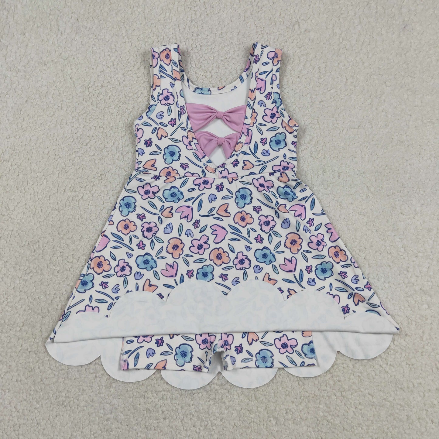 RTS NO MOQ yoga fabric GSD3808 Baby Girls Colorful Flowers Back Bows Active Short Scallop Knee Length Dress