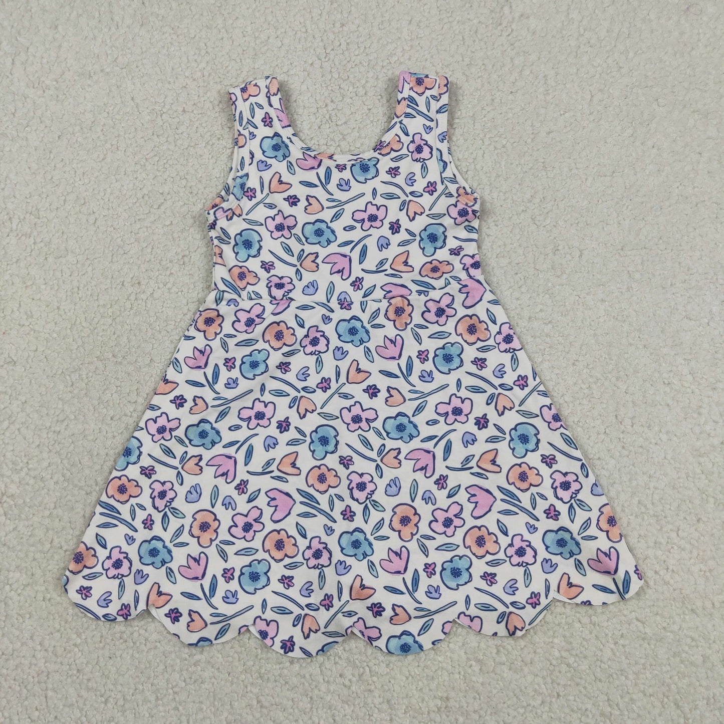 RTS NO MOQ yoga fabric GSD3808 Baby Girls Colorful Flowers Back Bows Active Short Scallop Knee Length Dress