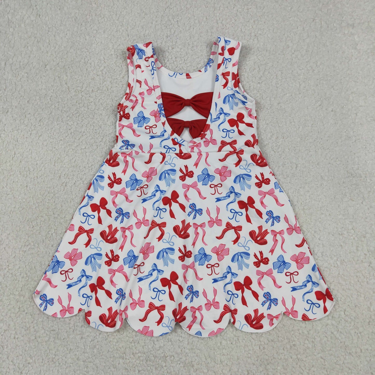 RTS NO MOQ yoga fabric GSD3809 4th Of July Bow  Baby Girls Scallop Edge Knee Length Yoga Dress