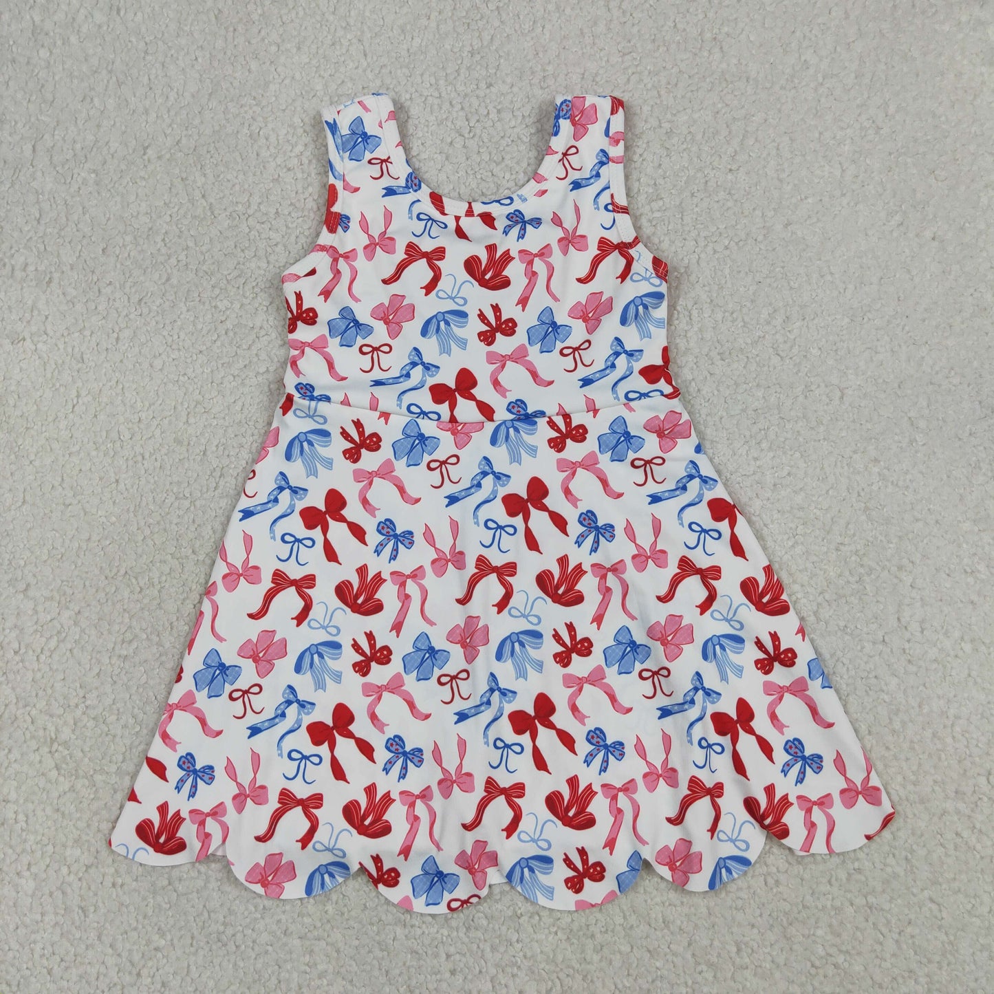 RTS NO MOQ yoga fabric GSD3809 4th Of July Bow  Baby Girls Scallop Edge Knee Length Yoga Dress