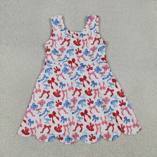 RTS NO MOQ yoga fabric GSD3809 4th Of July Bow  Baby Girls Scallop Edge Knee Length Yoga Dress