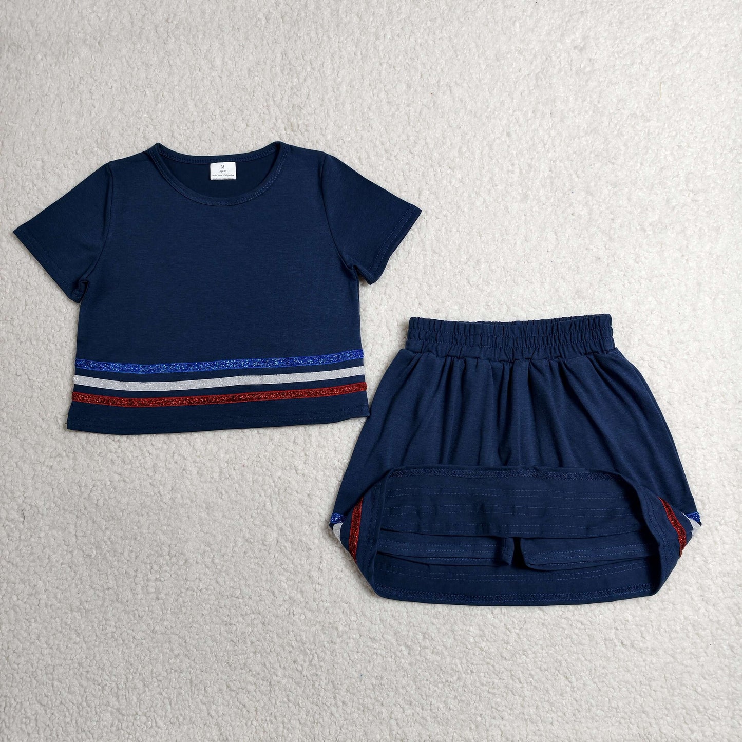 RTS NO MOQ cotton GSD3811 Baby Girls Navy Striped Short Sleeve Skirt Shorts Set