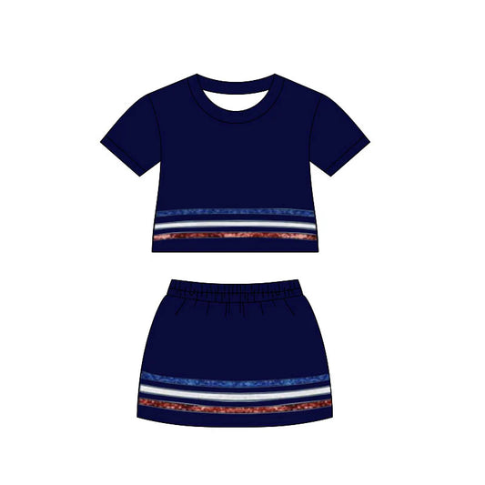 (Pre Order) No moq GSD3811 Baby Girls Navy Short Sleeve Stripe Top Skirt Shorts Clothes Sets