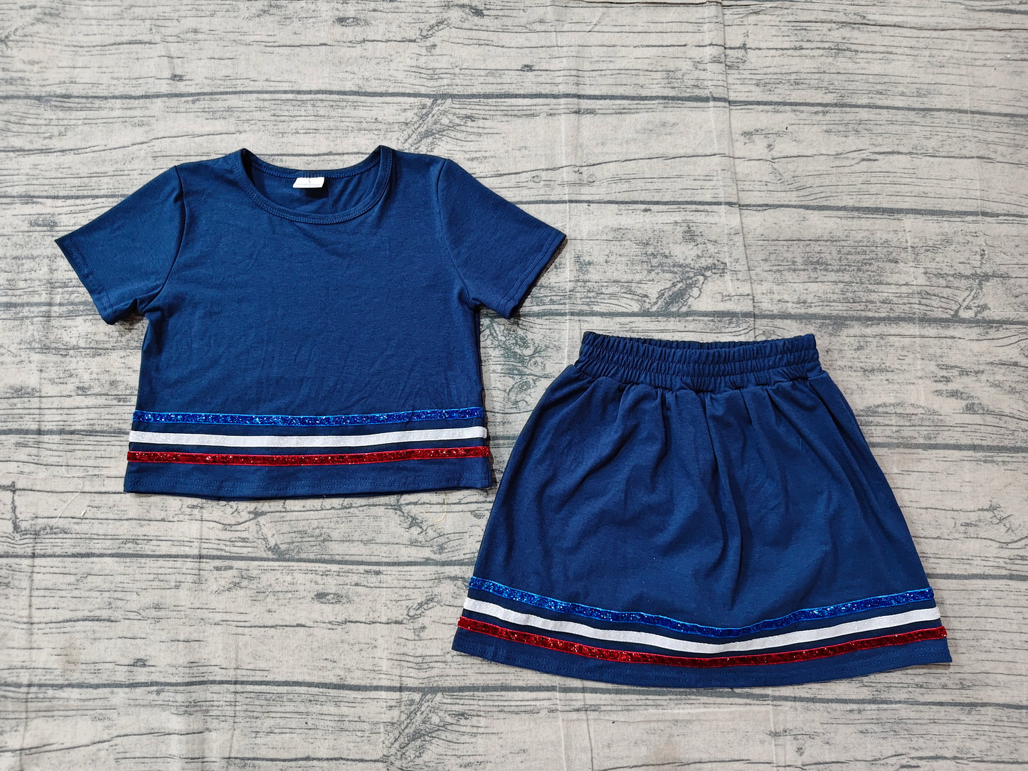 (Sample) No moq cotton GSD3811 Baby Girls Navy Striped Short Sleeve Skirt Shorts Clothes Set