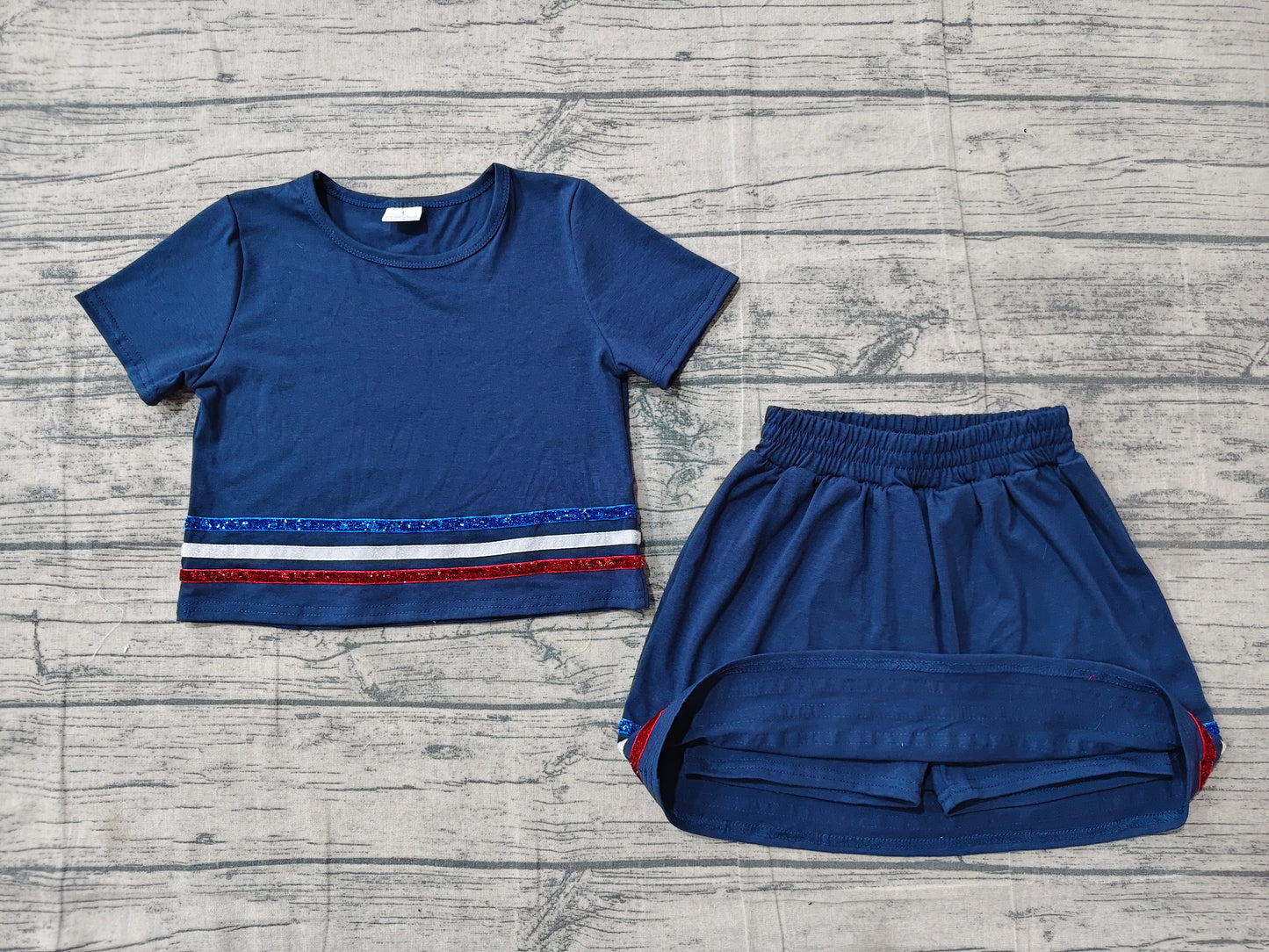 (Sample) No moq cotton GSD3811 Baby Girls Navy Striped Short Sleeve Skirt Shorts Clothes Set