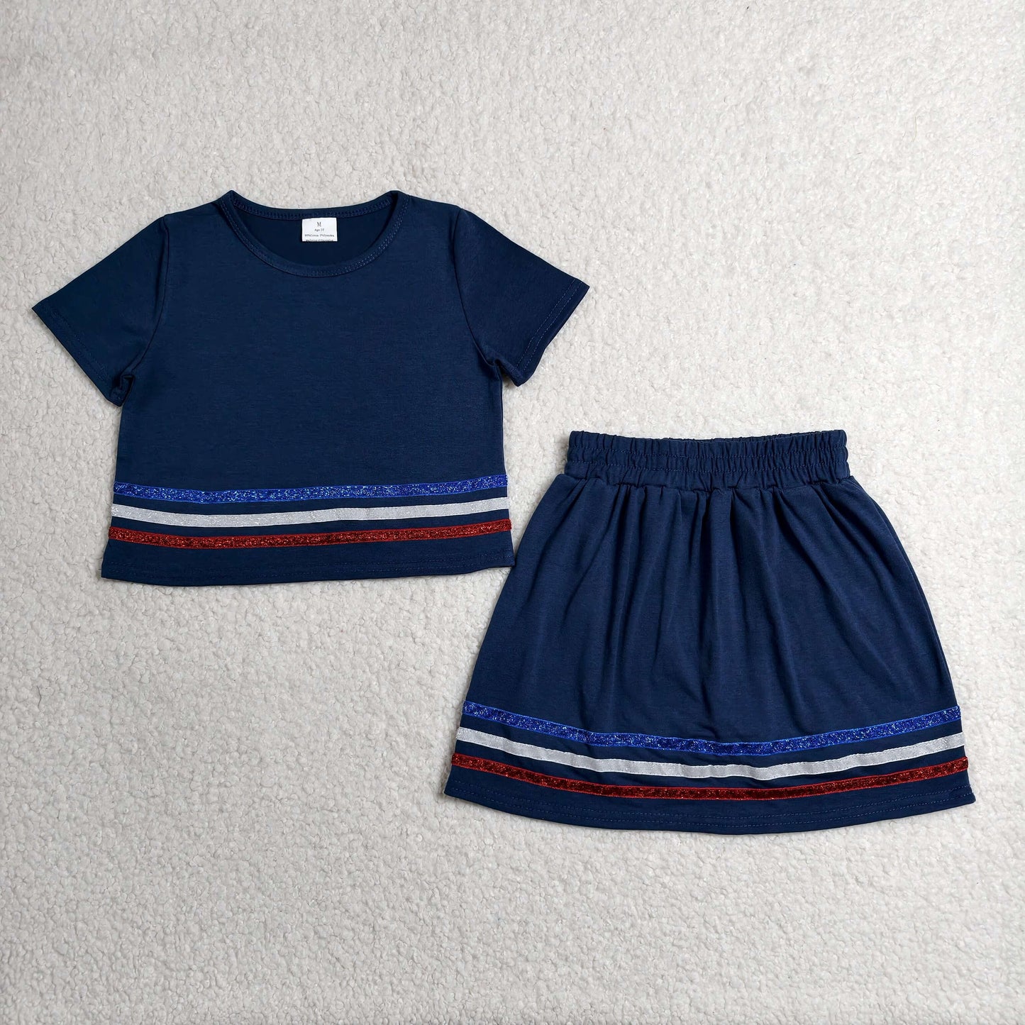 RTS NO MOQ Sibling cotton Baby Girls Solid Color Summer Black Gold Stripe Short Sleeve Top Skort Two Piece Outfits Daily Wear