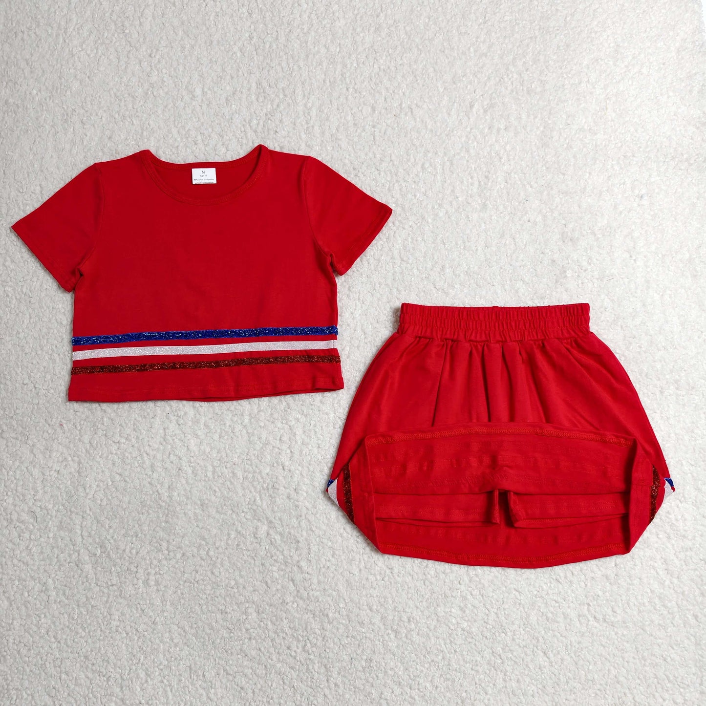 RTS NO MOQ cotton GSD3812 Baby Girls Cute Summer Red Striped Short Sleeve Skort Set