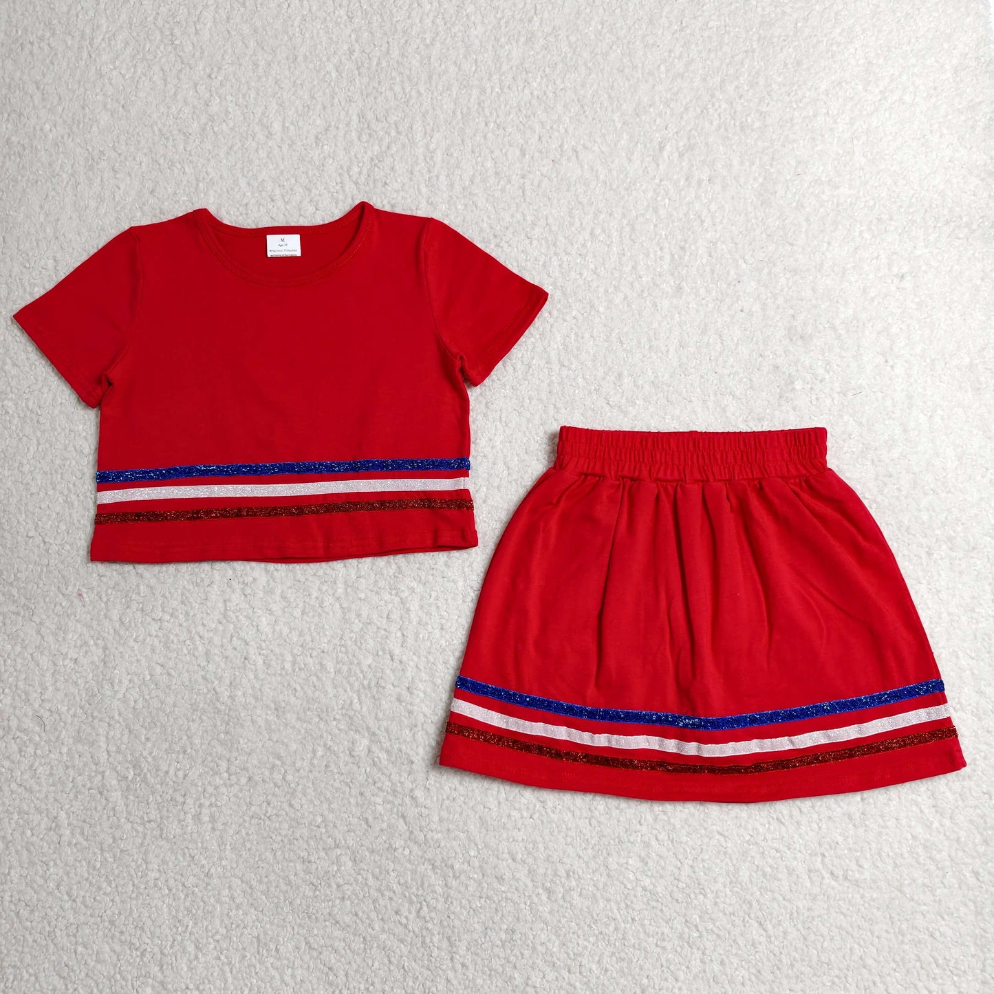RTS NO MOQ cotton GSD3812 Baby Girls Cute Summer Red Striped Short Sleeve Skort Set