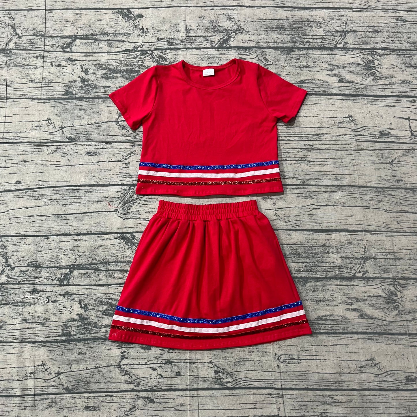 (Sample) No moq GSD3812 Baby Girls Summer Red Striped Short Sleeve Skort Set