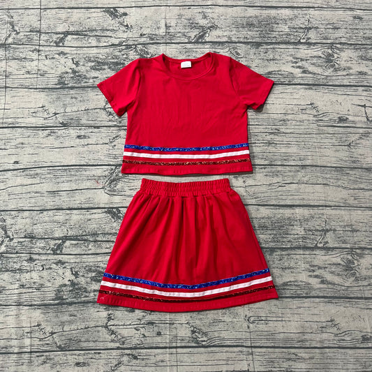 (Sample) No moq GSD3812 Baby Girls Summer Red Striped Short Sleeve Skort Set