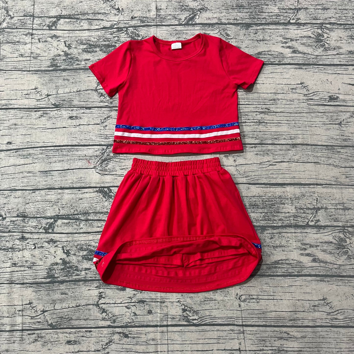 (Sample) No moq GSD3812 Baby Girls Summer Red Striped Short Sleeve Skort Set