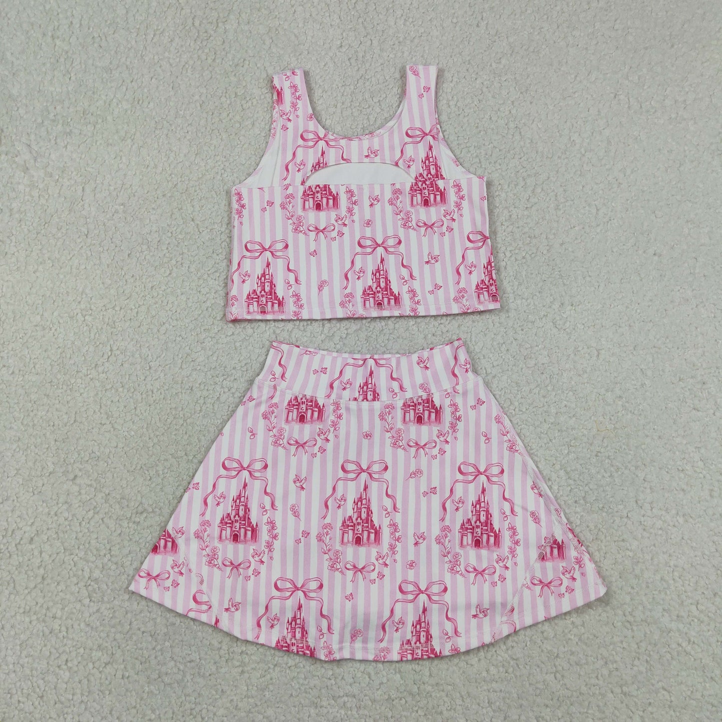 RTS NO MOQ yoga fabric GSD3814 Baby Girls Sweet Pink Stripe Bow Sleeveless Active Wear Set