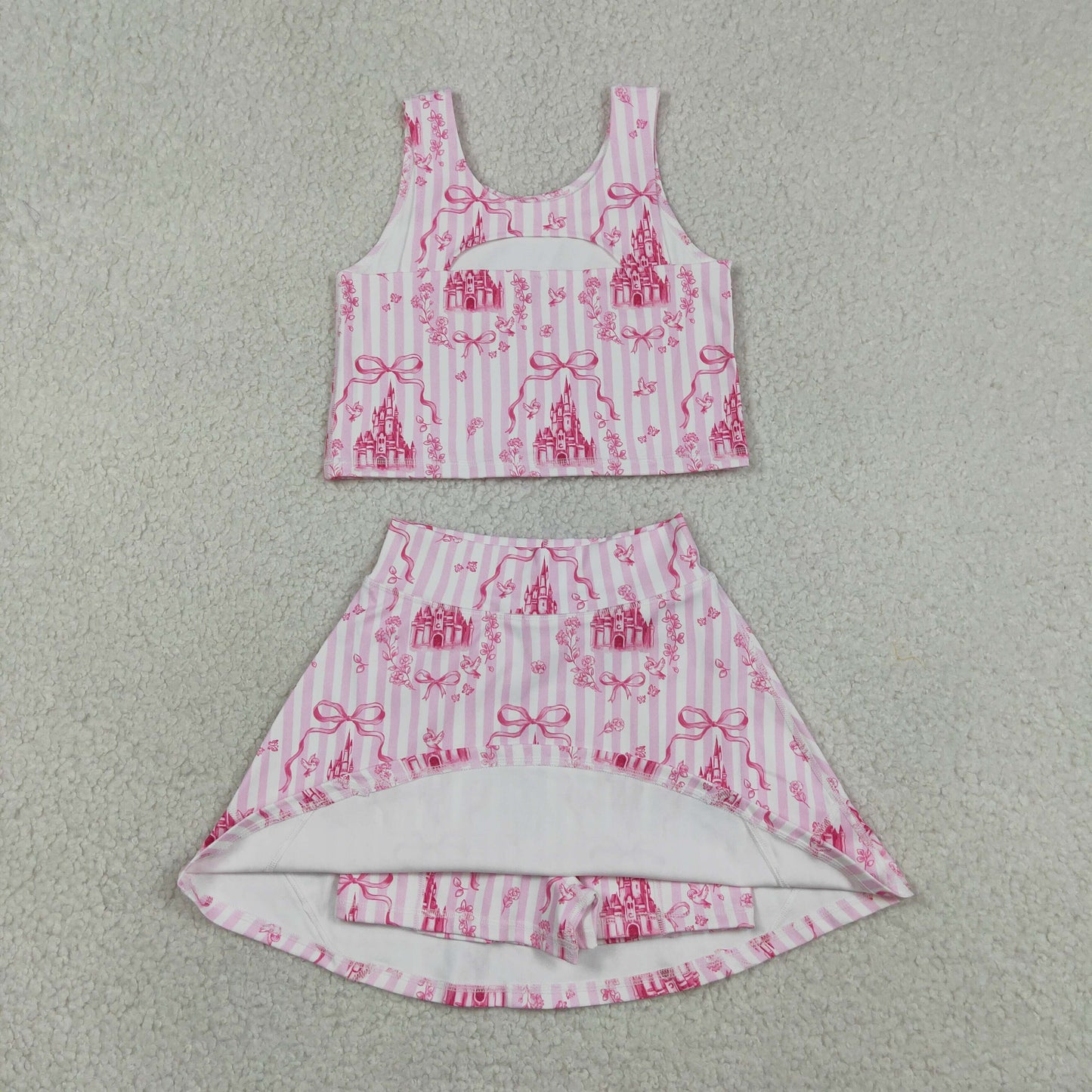 RTS NO MOQ yoga fabric GSD3814 Baby Girls Sweet Pink Stripe Bow Sleeveless Active Wear Set